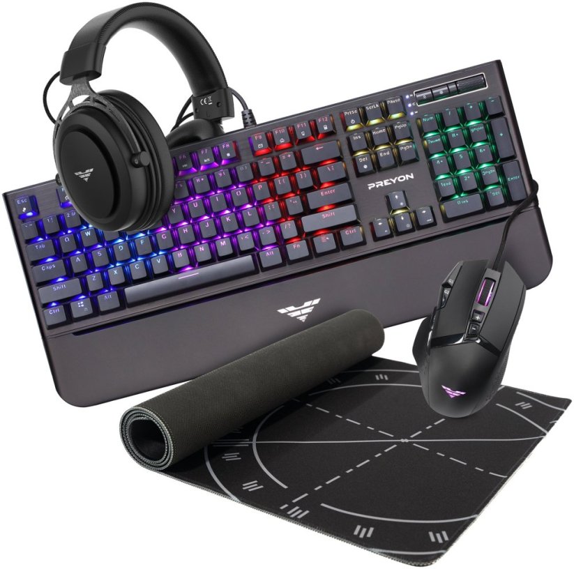 PREYON Zestaw Mistrzowski PREYON Klawiatura Long Claw Brown Gateron Brown (PLCB104B) + Mysz Falcon Gaming (PFG27B) + Słuchawki Storm Fly II Czarne (PSF253B) + Podkładka Falcon Speed XL (PFS90)
