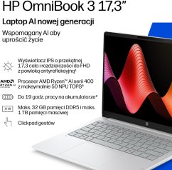 HP OmniBook 3 Notebook Next Gen AI 17-dm0001nwx Copilot+ PC AMD Ryzen AI 7 445 43,9 cm (17.3") Full HD 16 GB DDR5-SDRAM 512 GB SSD Wi-Fi 7 (802.11be) Windows 11 Pro Sivý, strieborný (D9MA1EA)