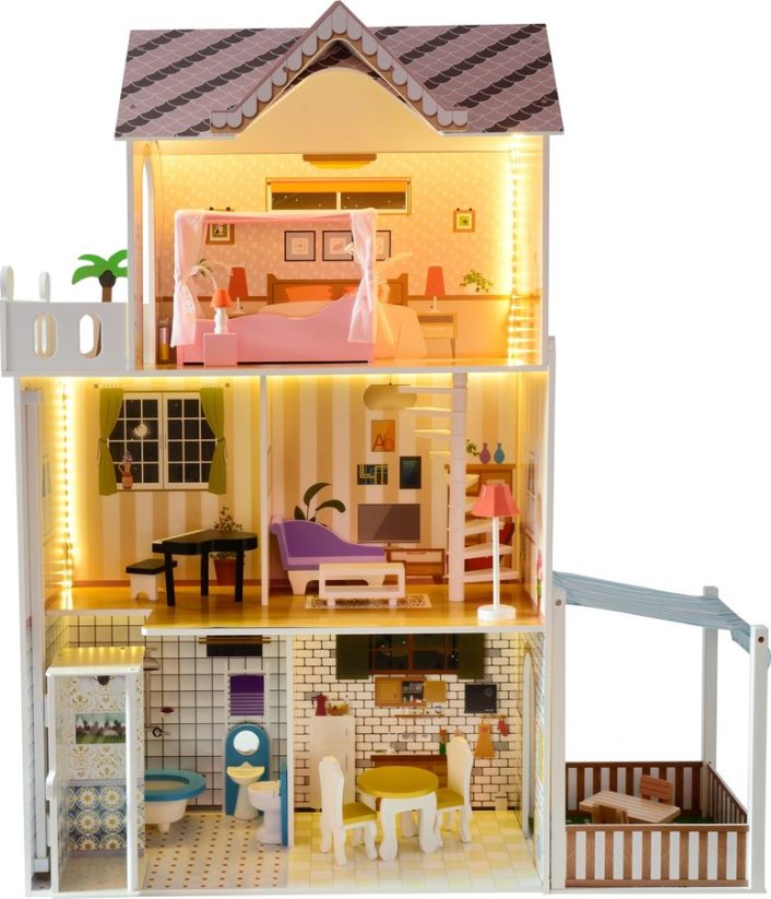 Funfit drevený Domček pre bábiky 120 cm z oświetleniem LED RGB + 2 lalki