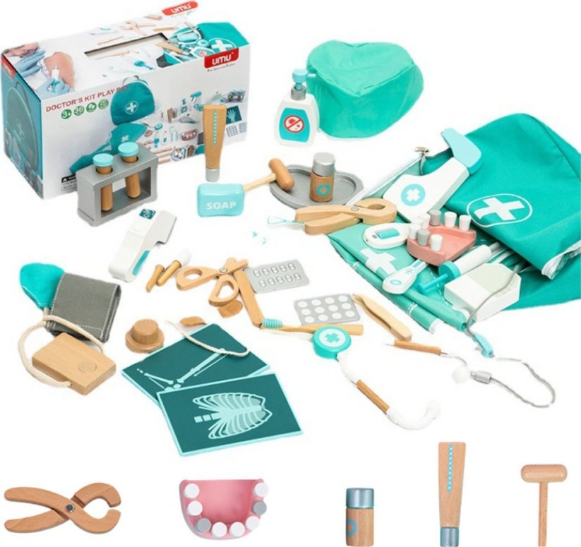 LeanToys Sada Lekarski Mały Doktor Dentysta drevený Apteczka Fartuch 20 El