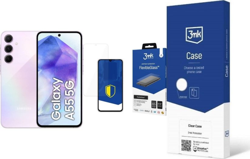 Samsung Galaxy A55 5G 8/128GB Fioletowy  (SM-A556BLVAEUE) + FlexibleGlass + Etui Clear Case