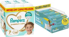 Pampers Pampersy Premium Care 7, 15+ kg, 99 szt. +960szt. chusteczek Freshclean