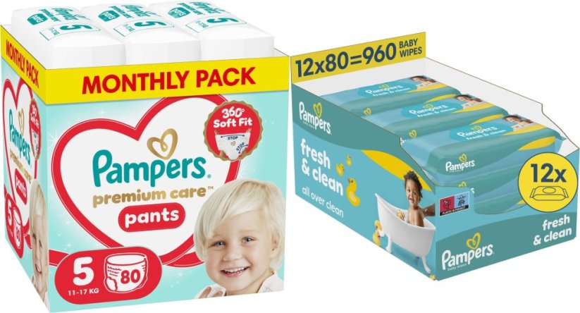 Pampers Pieluchomajtki Premium Care 5 11-17 kg, 80 szt. +960szt. chusteczek Freshclean