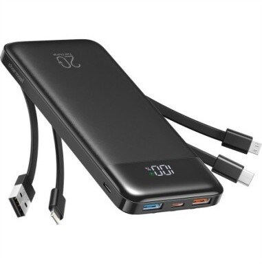 NoName Charmast W2065 PD3.0 3A 22,5W 20000 mAh z wbudowanymi kablami USB A / USB C / Lightning / Micro USB Čierny