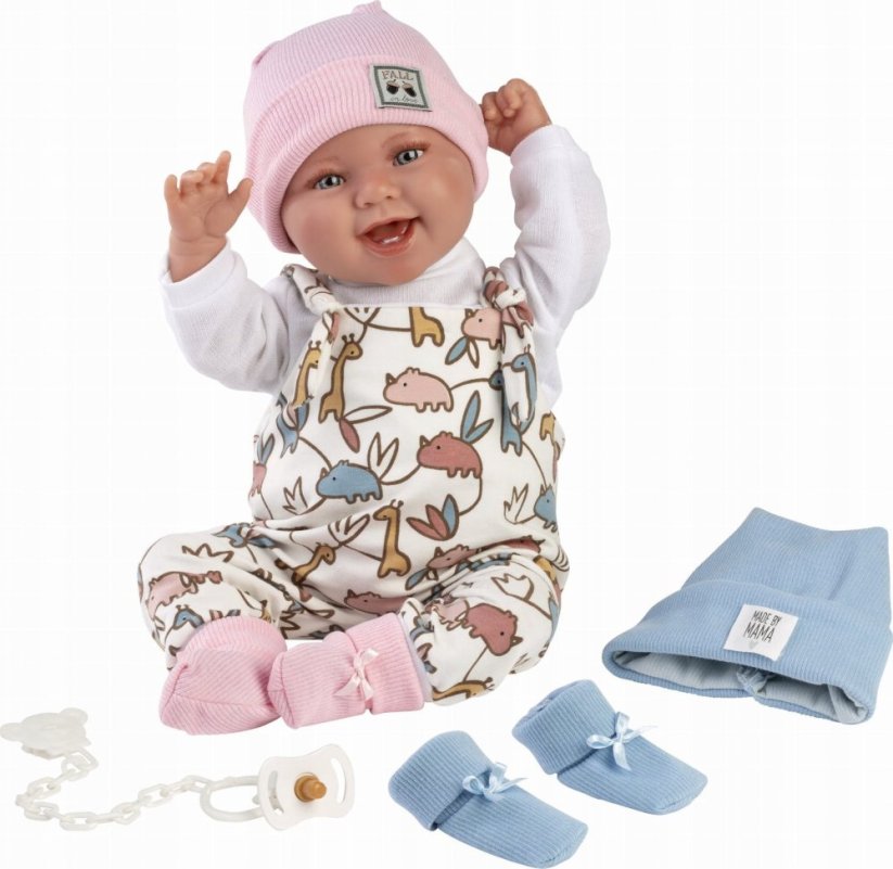 Llorens Llorens 84481 Bábika bobas śmiejąca się 44 cm Tala/Talo czapki + skarpetki w dwóch farbaach
