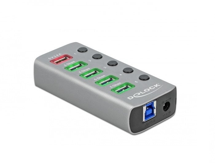 Delock Hub USB 5 Gbps z 4 Portami + 1 Portem ładowania + 1 Portem USB-C PD 3.0 z Prepínačiem i podświetleniem