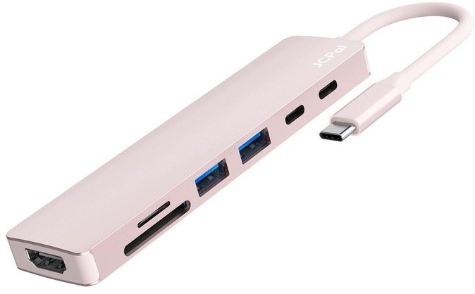 Jcpal Linx USB-C 7in1 - przejściówka USB-C (2 x USB-A 3.0 / USB-C 3.1 / HDMI 60Hz / czytnik kart micro/SD / PD 100W) Ružová (JCP6363)