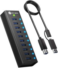 Icy Box Box 10-Port USB 3.2 Gen 2 (10 Gpbs) Hub z 1x portem ładowania tabletu, z zasilaczem 12 V/4 A, całkowicie metalowy (Club Hub 6110)