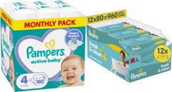 Pampers Pieluchy Active Baby 4, 9-14 kg, 180 szt. +960szt. chusteczek Freshclean