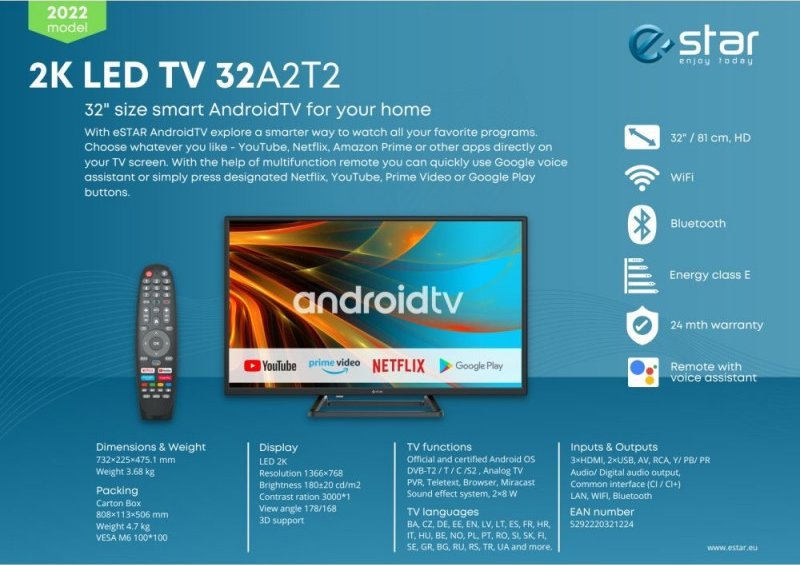 Estar eSTAR Android TV 32"/82cm 2K HD LEDTV32A2T2