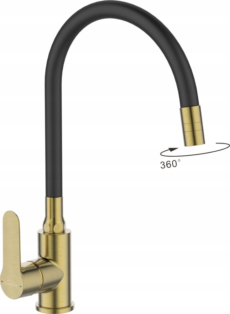 Invena Sink mixer INVENA KSANTI PLUS, with 360deg rotating spout, polished gold color.