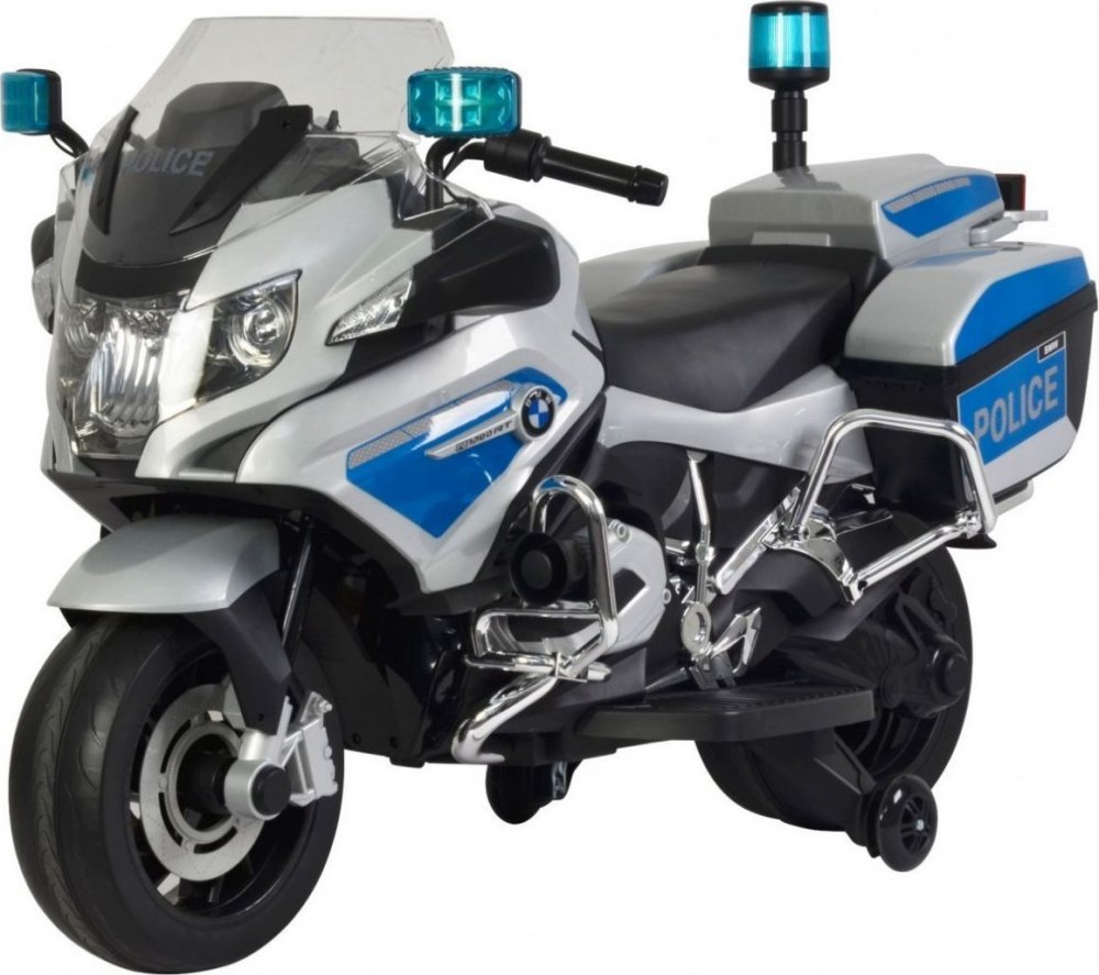 JOKO Elektrická motorka Polícia BMW R1200 penové kolesá + majáky originálna licencia strieborná policajná